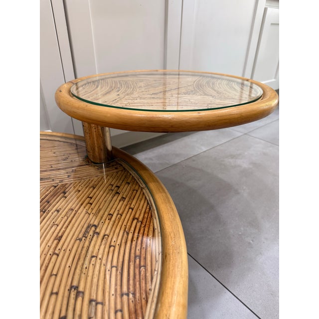 Tan MCM Pencil Reed & Bamboo Three-Tier Swivel Coffee Table For Sale - Image 8 of 12