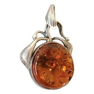 Vintage Sterling Silver Amber Pendant Charm For Sale