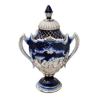 Italian Ceramic Lidded Urn Capodimonte Cobalt Blue Gold Relief Cherubs 70s For Sale
