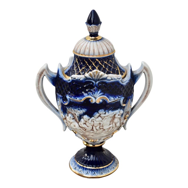 Italian Ceramic Lidded Urn Capodimonte Cobalt Blue Gold Relief Cherubs 70s For Sale