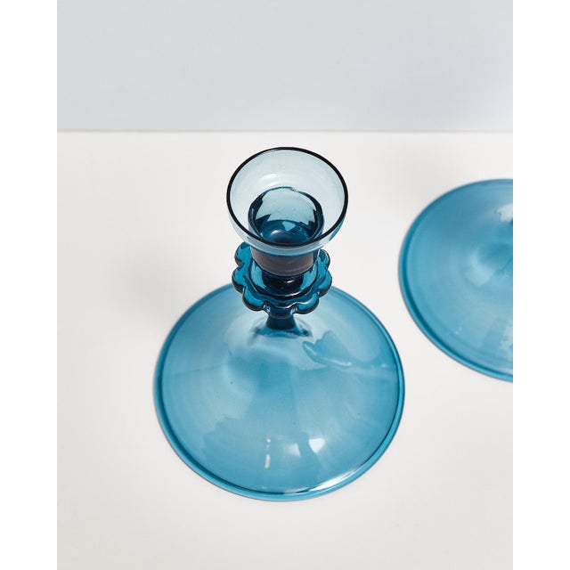 Mid Century Blue Glass Orrefors Swedish Candlestick Pair For Sale - Image 14 of 15