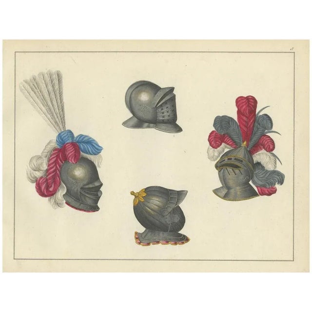 Paper Ornate Knightly Helmets with Plumes, 1842, Lithograph For Sale - Image 7 of 7