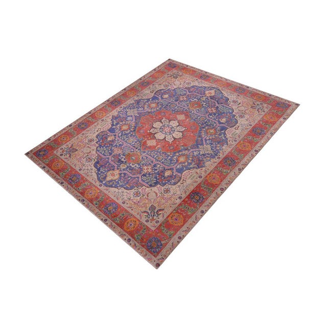 Shabby Chic Art Nouveau Vintage 1990's Blue/Red Wool Rug - 9'5'' X 12'8'' For Sale - Image 3 of 10