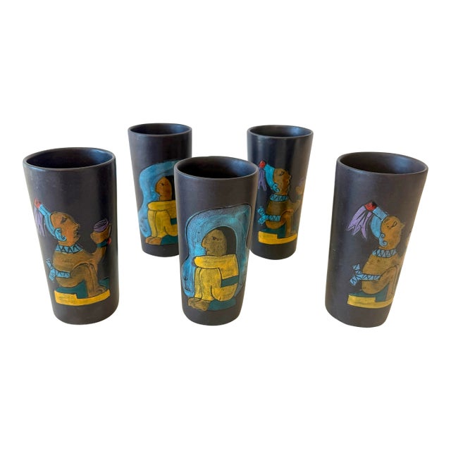 Vintage Mexican Folk Art Black Clay Pottery Cocktail Tumblers, a Set of 5 For Sale