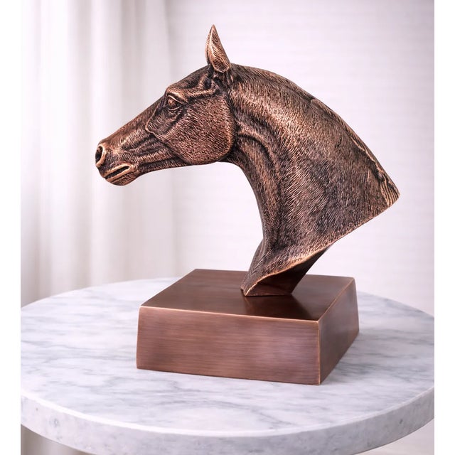 Antique Copper Finish Metal Hand Carved Horse Head Bust Sculpture For Sale - Image 4 of 10