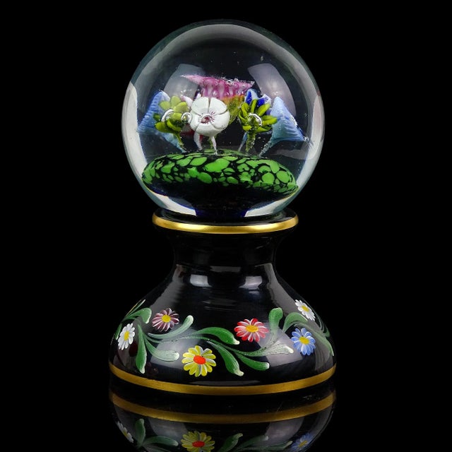 Murano Murano Millefiori Wild Flowers With Painted Pedestal Base Italian Art Glass Vintage Paperweight For Sale - Image 4 of 7