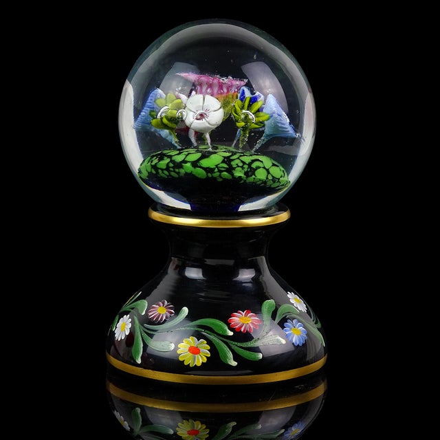 Murano Vintage Murano Millefiori Wild Flowers With Painted Pedestal Base Italian Art Glass Paperweight For Sale - Image 4 of 7