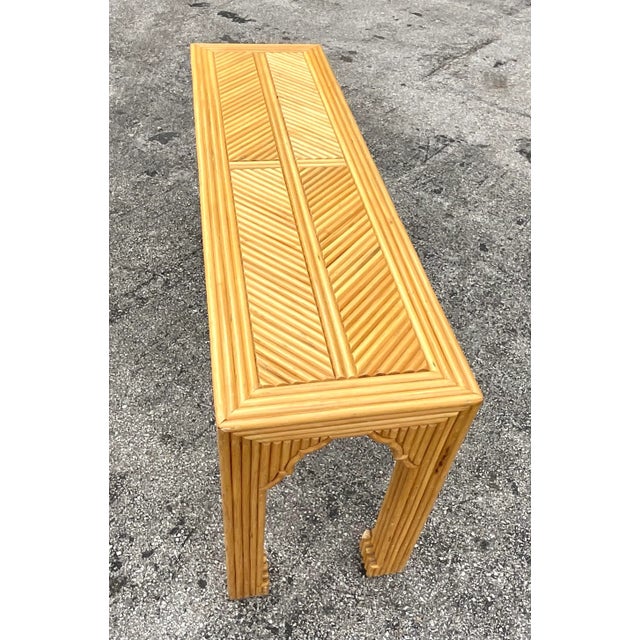 Wood Late 20th Century Vintage Coastal Pretzel Rattan Chevron Ming Console Table For Sale - Image 7 of 11