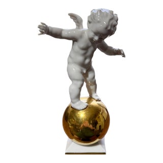 Vintage 40s Hutschenreuther Karl Tutter Putto Cherub on Gold Sphere Figurine For Sale
