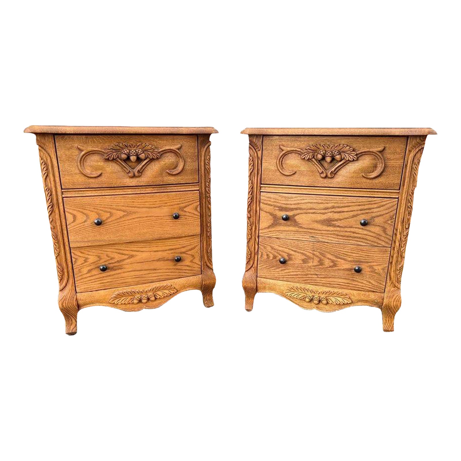 Late 20th Century Oakwood Interiors Co Pair Oak Style Carved Nightstands Chairish