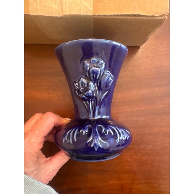 Arts & Crafts Mid 20th Century Van Briggle Arts & Crafts Ming Blue Glazed Ceramic Vase With Floral Motif For Sale - Image 3 of 4