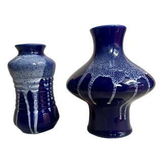 Mid-Century Blue Ceramic Vases from Kravsko, Former Czechoslovakia, 1970s, Set of 2 For Sale