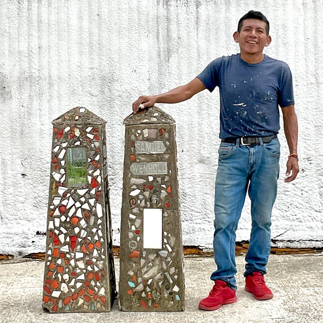 Gray Vintage Coastal Cement Mosaic Garden Obelisks - a Pair For Sale - Image 8 of 8