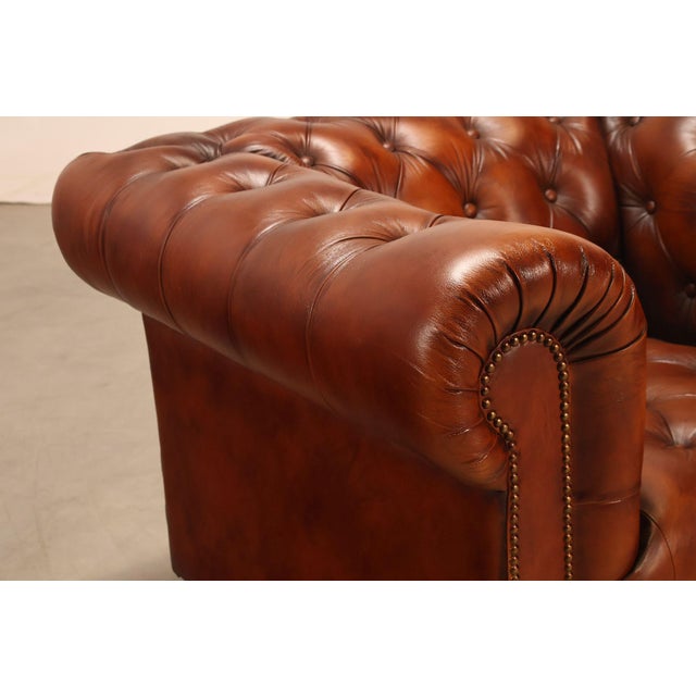 Wood Chesterfield Style Tufted Brown Leather Club Chair For Sale - Image 7 of 16