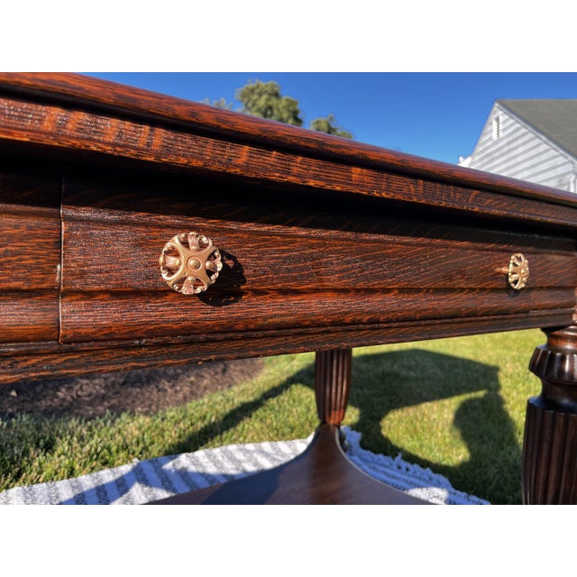 Victorian Antique Tiger Oak Library Table / Desk – Bailey, Jones & Co., Jamestown, n.y. For Sale - Image 3 of 8