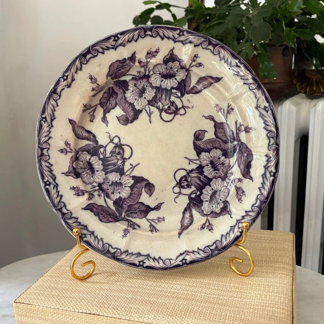 Antique English transferware plate in a rare purple shade from the aesthetic period. Hallmark on back: Elsmore & Forster...