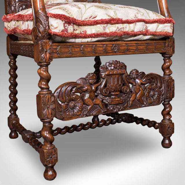 Pair of Antique Charles II Revival Arm Chairs, English, Elbow Seat, Edwardian For Sale - Image 12 of 12