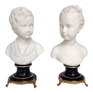 Limoges Bisque Porcelain Brongniart Children Busts After Houdon by Tharaud, a Pair For Sale