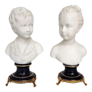 Limoges Bisque Porcelain Brongniart Children Busts After Houdon by Tharaud, a Pair