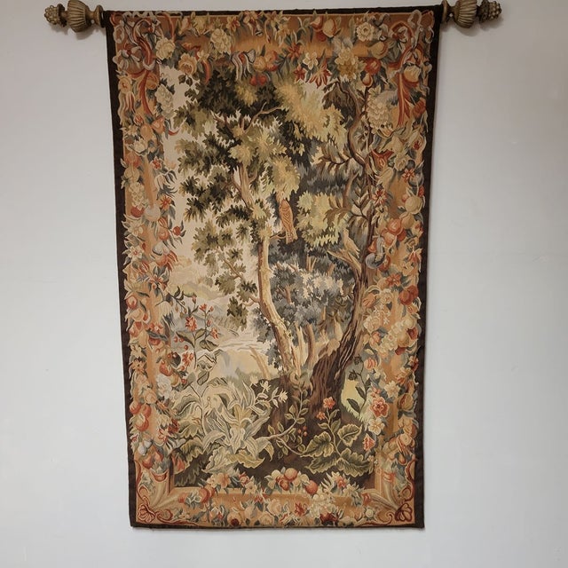 English Vintage French Handwoven Aubusson Wall Tapestry, Bird in Woodland Landscape, Gobelins Weave For Sale - Image 3 of 11
