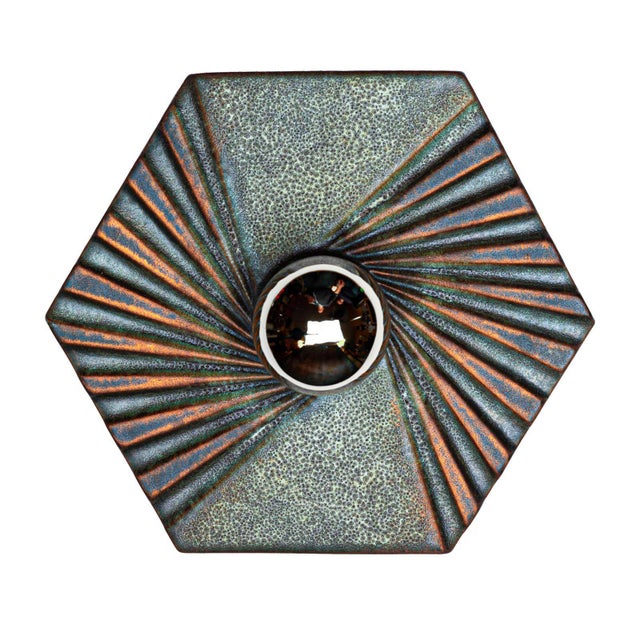 1970s Hexagonal Wall Lamps in Blue, Green and Golden Ceramic from Hustadt Leuchten, Germany, 1970s, Set of 3 For Sale - Image 5 of 12