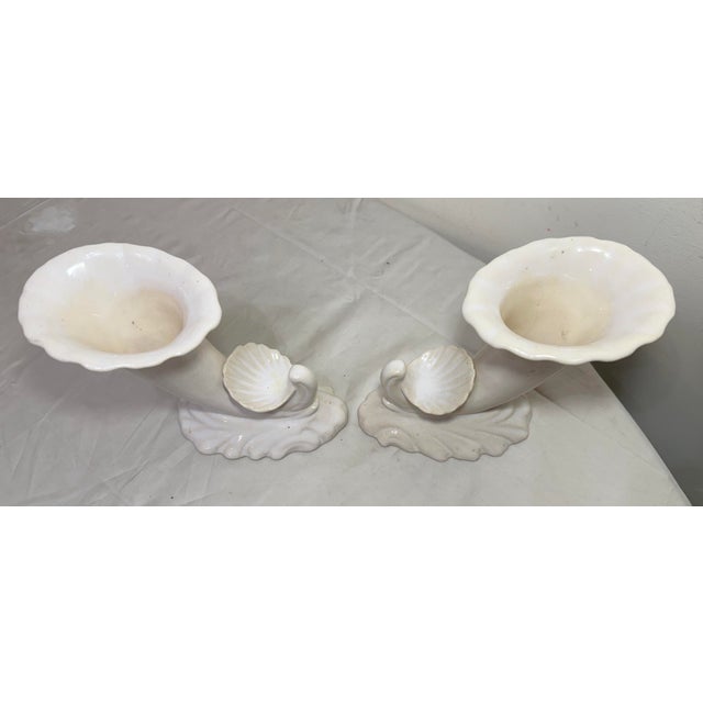 Figurative Pair of Antique Signed White Glaze Cornucopia Shell Vases Marked Fulper #4065 For Sale - Image 3 of 11