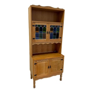 Mid Century Danish Oak Henning Kjaernulf Style Stained Glass Bookcase Cabinet For Sale