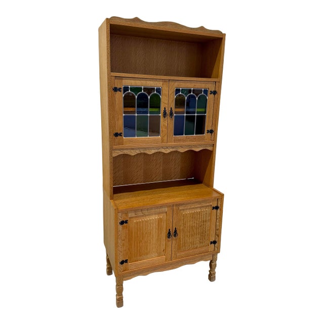 Mid Century Danish Oak Henning Kjaernulf Style Stained Glass Bookcase Cabinet For Sale