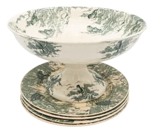 Antique Neige Cake Stand and Plates from Sarreguemines, 1900s, Set of 5