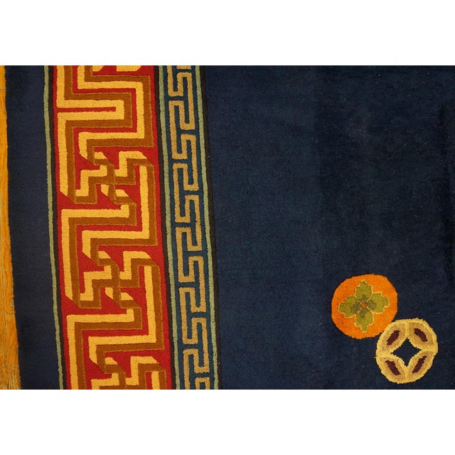 1920s Navy Blue Medallion Greek Key Antique Chinese Art Deco Knotted Rug For Sale - Image 9 of 9