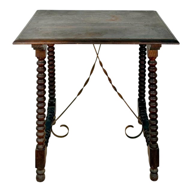 Spanish Barley Twist Side Table with Wrought Iron Stretchers, 1930s For Sale - Image 11 of 11