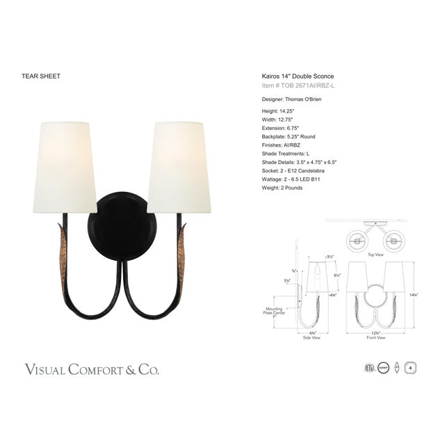 2020s Thomas O'Brien for Visual Comfort Signature Kairos 14" Double Sconce in Aged Iron and Roman Bronze with Linen Shades For Sale - Image 5 of 8