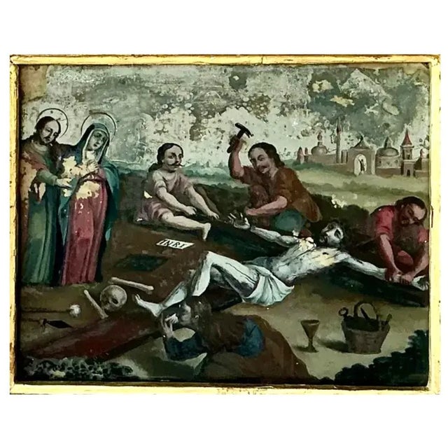 Early 19th Century Pair of Spanish Colonial School Reverse Glass Paintings Framed For Sale - Image 5 of 16