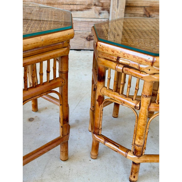 Restored Vintage Brighton Pavilion Style Bamboo Octagonal Cane Side Tables For Sale In Naples, FL - Image 6 of 12