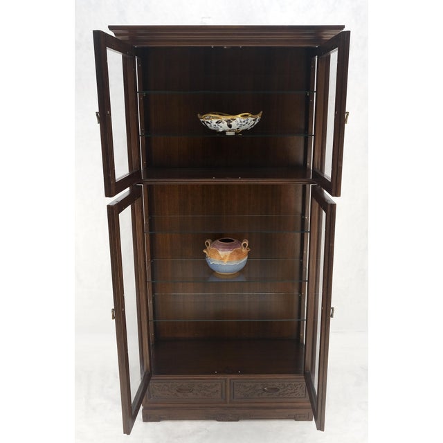 4 Doors Carved Teak 5 Shelves 2 Bottom Drawers 72" Tall Curio Cabinet Showcase For Sale - Image 11 of 14