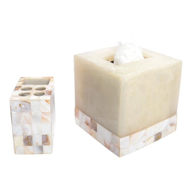 Natural Capiz Shell Acrylic Tissue Box Cover Toothbrush Holder Countertop Accessories For Sale