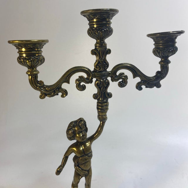 Vintage Pair Cherub Three Armed Candle Holder Cast Metal Italy Chateau Style For Sale In Chicago - Image 6 of 11
