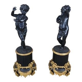 Early 20th Century Antique Italian Neoclassical Louis XV Bronze Cherub Sculptures - Set of 2 For Sale