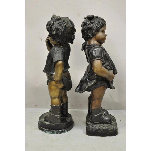 Late 20th Century Victorian Style Cast Bronze 29" Little Boy and Girl Statue Figure - A Pair For Sale - Image 12 of 12