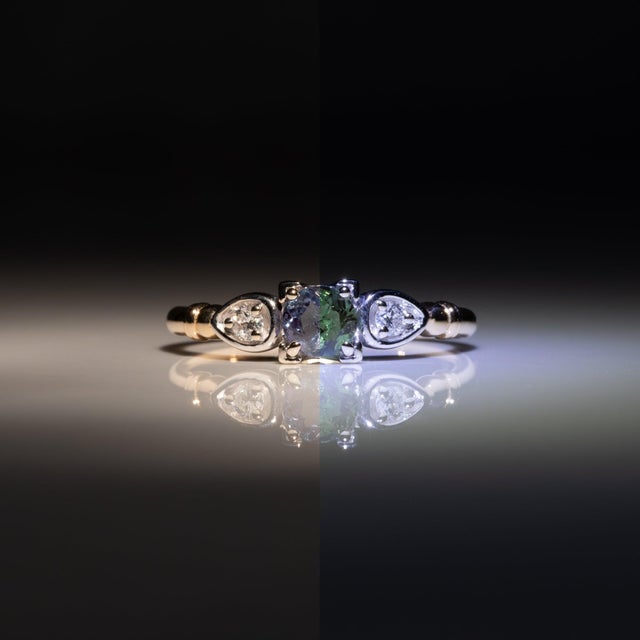 Metal Alexandrite Ring With Earth-Mined Diamond Accents in Solid 14k Gold, Round 4mm, Size 6.75 For Sale - Image 7 of 12