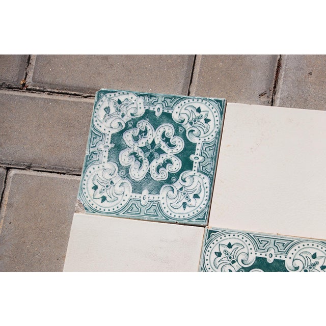 1920s Portuguese Art Deco Tiles Set of 32 Large Green & White Antique Decorative Tiles For Sale - Image 6 of 18