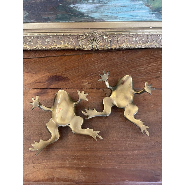 Pair of Vintage Brass Toned Crouching Frog Sculptures With Open Mouth and Textured Detailing.. For Sale - Image 9 of 10