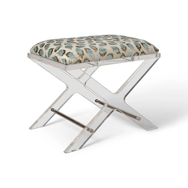 Uber chic clear lucite X shaped accent upholstery--our Delano Bench is the perfect vanity stool and/or designer accent...