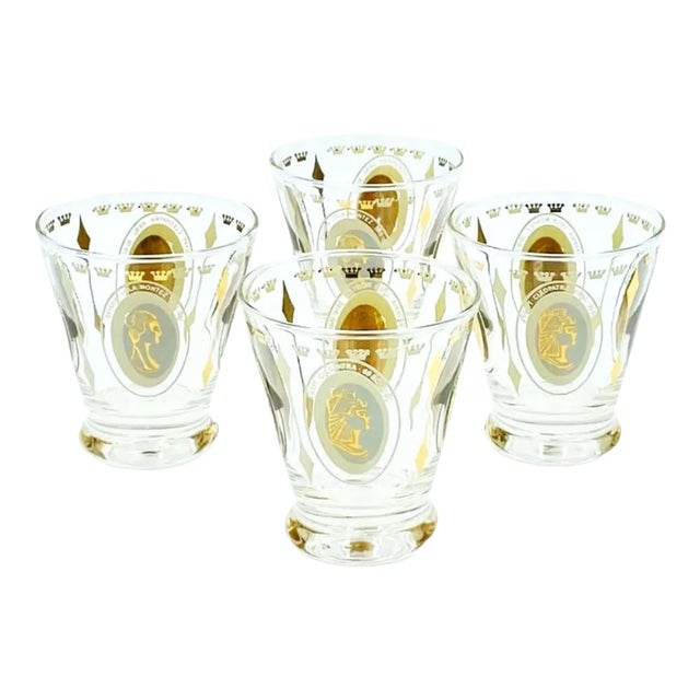 Vintage Mid-Century Cocktail Gold Royal Lady Portrait Cordial Shot Glasses- Set of 4 For Sale