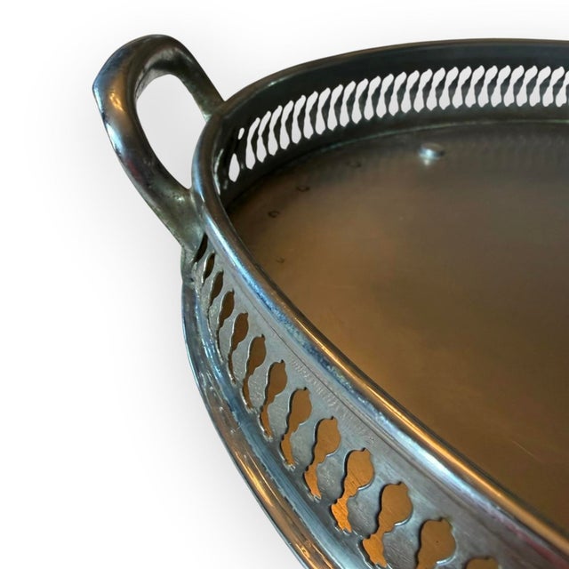 Metal Vintage Silver-Tone Oval Pierced Gallery Tray With Handles and Feet For Sale - Image 7 of 11