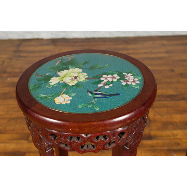 Antique Chinese Carved Round Stands with Painted Floral and Bird Décor - A Pair For Sale - Image 11 of 13