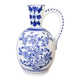 Large Antique Dutch Delft Faience Floral Pitcher For Sale