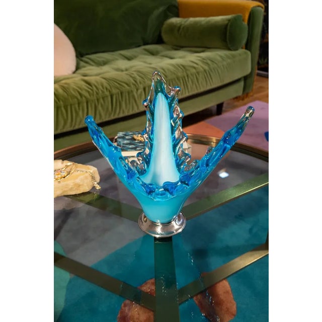 Glass Vintage Mid-Century Light Blue Glass Centerpiece, Murano Style For Sale - Image 7 of 8