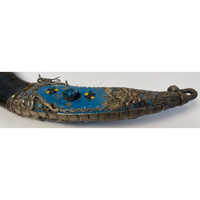 Antique Tibetan Ritual Dagger With Silver, Turquoise Blue Enamel and Dragon For Sale - Image 13 of 18
