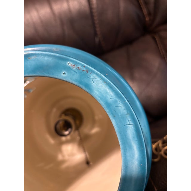 Vintage Mid-Century Modern Turquoise Cutout Ceramic Swag Pendant Lamps - A Pair For Sale - Image 10 of 12